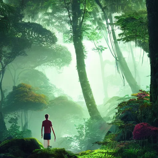 Prompt: alone person facing the desperate call of the void, organized suburb in jungle forest, unreal 5 render, vivid colors, high detail, clear weather, studio ghibli, history painting, digital art, octane render, beautiful composition, trending on artstation, award - winning photograph, masterpiece