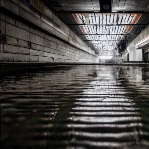 Image similar to flooded subway liminal space, uneasy, old signage, pristine tiling, foreboding, trending on / r / creepy