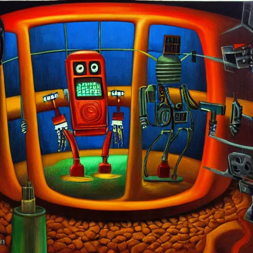 Prompt: robot being reanimated inside a dome - shaped control center, evil lair, lowbrow surrealism, pj crook, oil on canvas