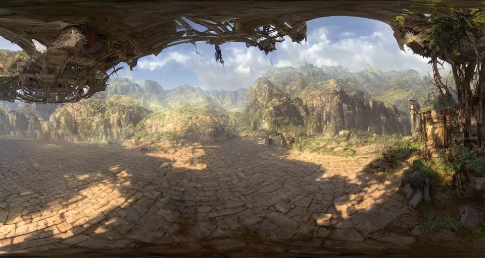 Image similar to A panoramic 360 photo of gameplay from a videogame painted by James Gurney. Matte painting. Fantastic incredible intriguing mysterious engaging impressive masterpiece lighting. Colorful environment, rule of thirds, symmetrical balance, depth layering, polarizing filter, Sense of Depth, AI enhanced