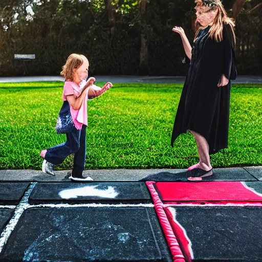 Image similar to the grim reaper losing a game of hopscotch to a little girl, photography