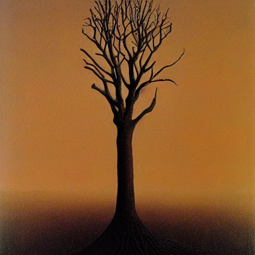 Image similar to tree b by zdzisław beksinski and rene magritte