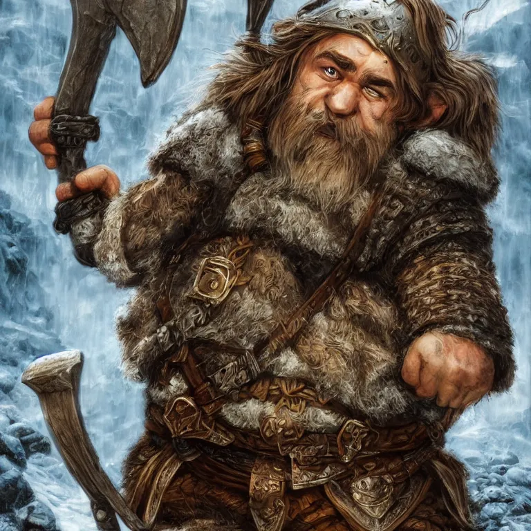Image similar to cute dwarf warrior in mountain, lord of the rings style, fantasy, poster, character portrait, portrait, close up, concept art, intricate details, highly detailed, full body, 8 k, detailed face, body