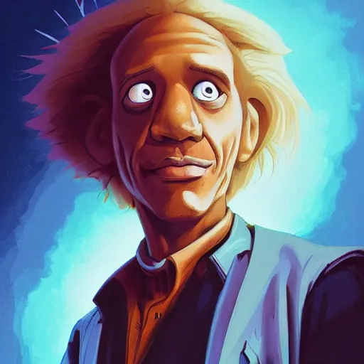 Image similar to portrait of doc brown!!!! horseriding!!!!!!!!!!!!!!!!!!! on ( ( ( lion king ) ) ), disney animation, sharp, illustration, sharp, fanart, anime key art by greg rutkowski, bloom, dramatic lighting sharp focus, cinematic, artbook, smooth, centered