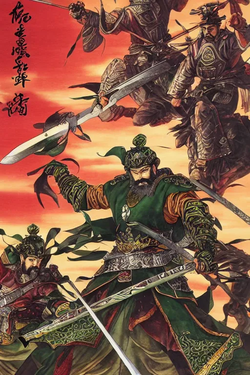 Prompt: poster of liu bei with guan yu and zhang fei, by yoichi hatakenaka, masamune shirow, josan gonzales and dan mumford, ayami kojima, takato yamamoto, barclay shaw, karol bak, yukito kishiro