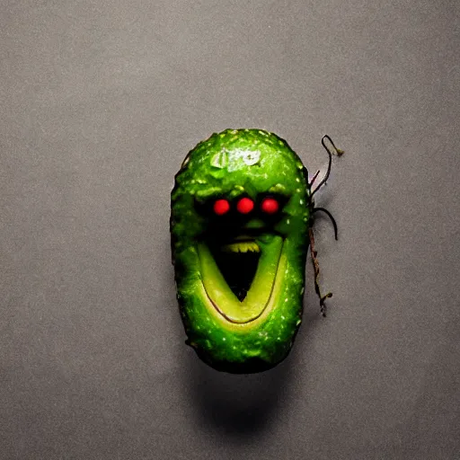 Image similar to photograph of a pickle with a screaming face