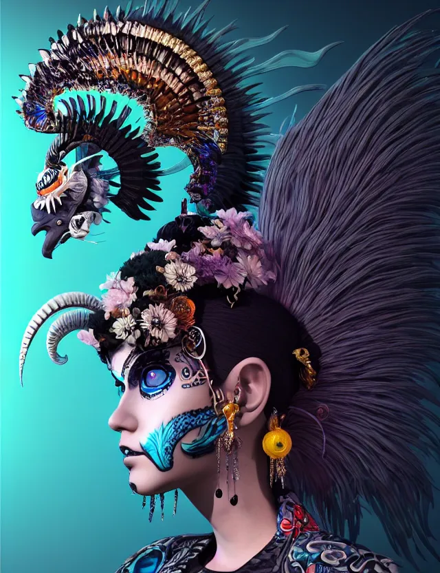 Image similar to 3 d goddess close - up profile portrait punk with mohawk with ram skull. beautiful intricately detailed japanese crow kitsune mask and clasical japanese kimono. betta fish, jellyfish phoenix, bio luminescent, plasma, ice, water, wind, creature, artwork by tooth wu and wlop and beeple and greg rutkowski