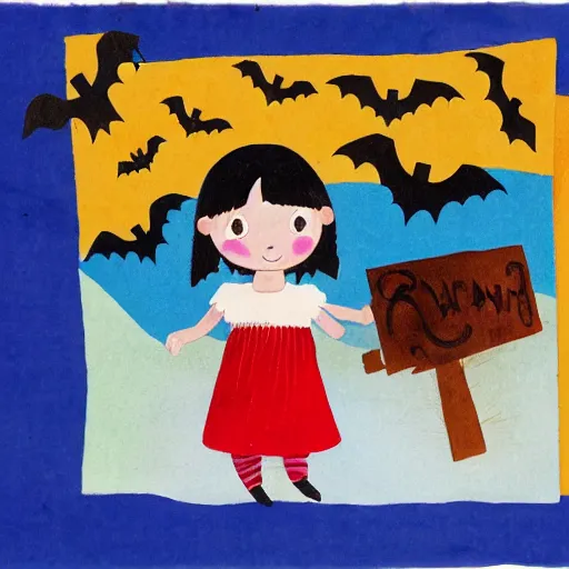 Image similar to children's book illustration of little girl black hair cut in a bob with bangs wearing a blue dress with jingle bells sewn all over at a halloween costume parade in the style of henry darger