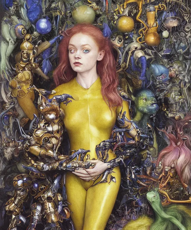 Image similar to a portrait photograph of sadie sink as an alien super villian with shiny colorful skin and yellow eyes. she is trying on a bulbous shiny organic dress and being transformed into an animal by magic. by donato giancola, hans holbein, walton ford, gaston bussiere, peter mohrbacher and brian froud. 8 k, cgsociety, fashion editorial