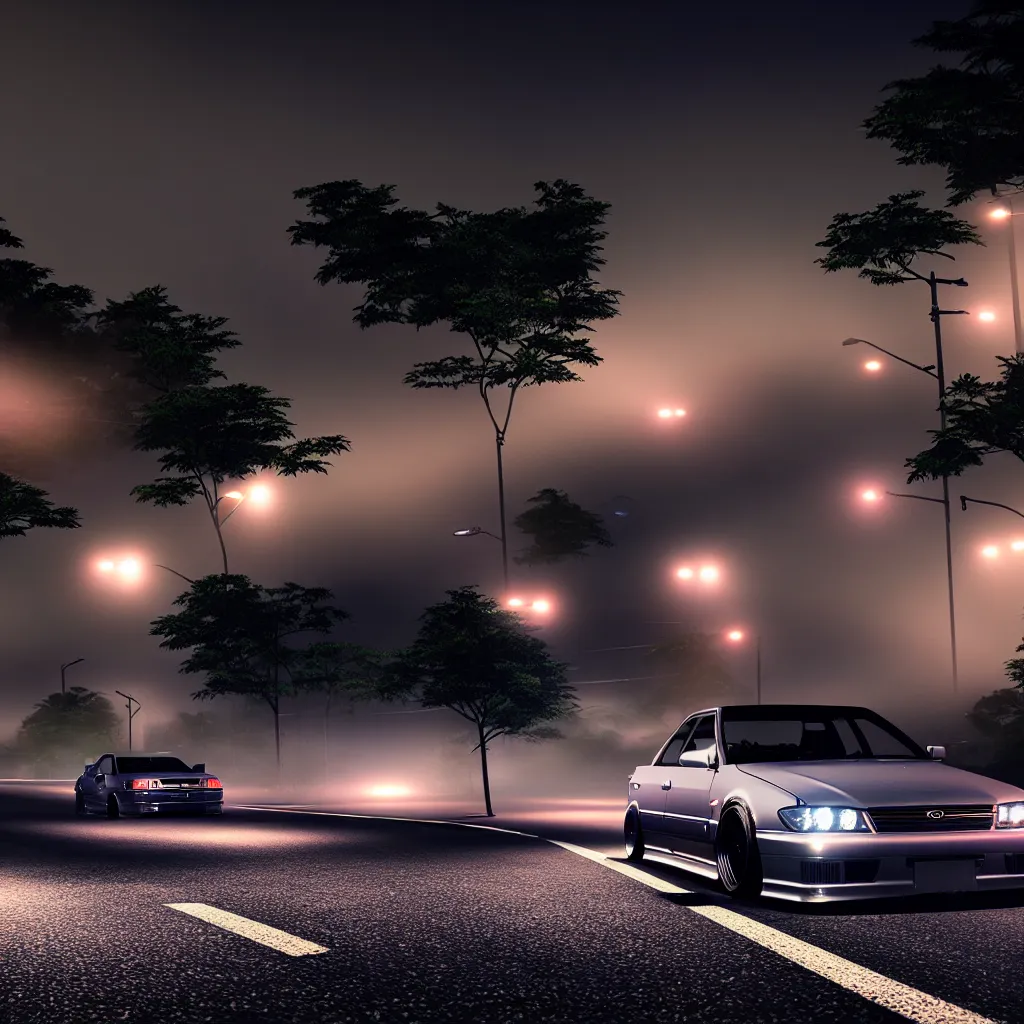 Image similar to a car JZX100 twin turbo drift in middle of road, Gunma prefecture, city midnight mist lights, cinematic lighting, photorealistic, detailed alloy wheels, highly detailed