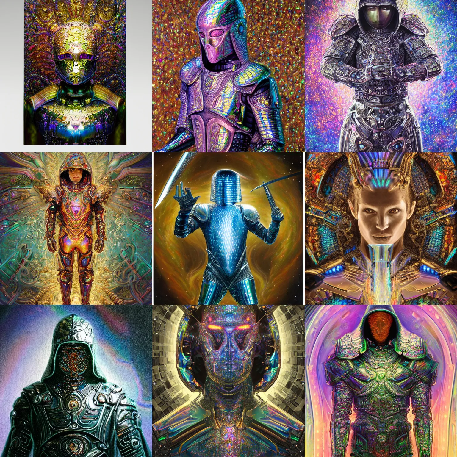 Prompt: Realist highly intricate dark iridescent subtle pastel detailed painting of a powerful hooded divine royal omnipotent being wearing body armor and brandishing a precious futuristic cosmic sword of iridescent flame, human face, biomechanical complex torso covered in iridescent 3D processor microchips, 3D render, 4K, symmetry, rich style, iridescent smoke behind, crystallic megastructure background, artstation, iridescent, badass, galactic deity, dark ominous stealth, depth of field, award winning on artstation, artgerm