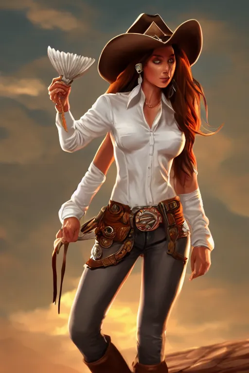 Image similar to full body, female cowgirl, perfect face, white blouse, 8 k, magic the gathering, desert, d & d, artstation, high detail, smooth, muscular