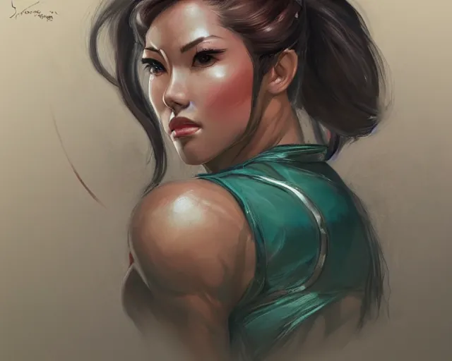 Image similar to portrait of samus aran as a very attractive happy female bodybuilder wearing chinese qipao, elegant, fantasy, hd shot, digital portrait, beautiful, artstation, comic style, by artgerm, guy denning, jakub rozalski, magali villeneuve and charlie bowater