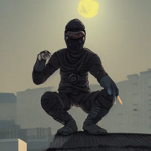 Image similar to a lunarpunk ninja on the roof of the building watching the lunarpunk city, overhead view, digital art, trending on artstation, behance, deviantart,