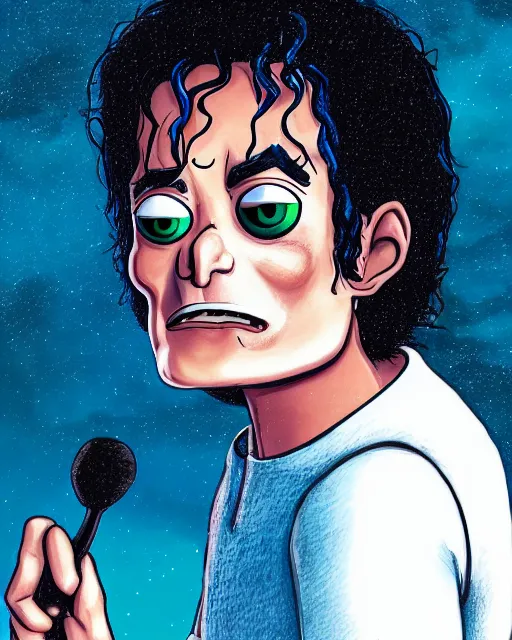 Image similar to portrait of michael jackson in the style of justin roiland. cinematic lighting. style of rick & morty. photographic, photography. by justin roiland