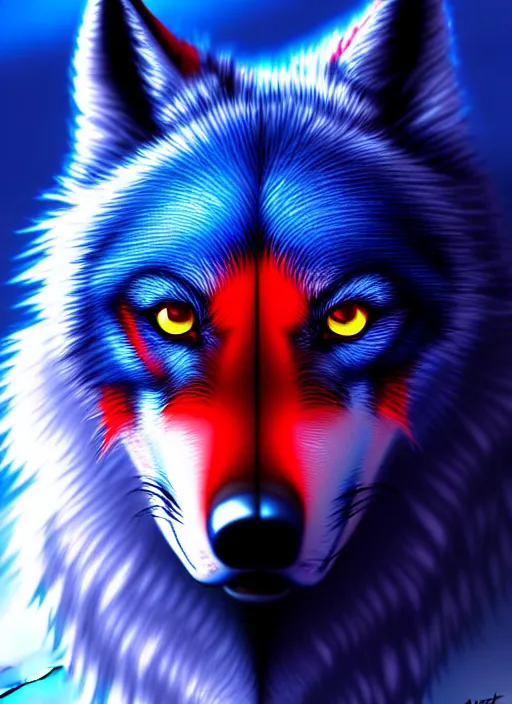 Image similar to blue wolf, red eyes highly detailed, deep focus, digital painting, smooth, sharp focus, anime art style, trending on artstation, 4 k