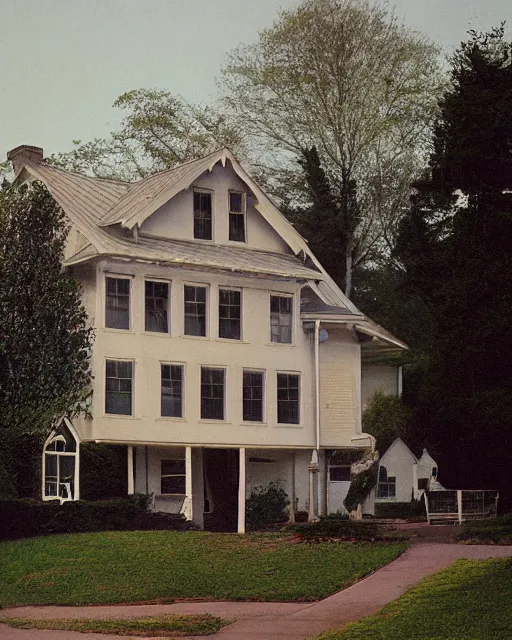 Prompt: the exterior of a house in devonshire that was built in the 1 9 7 0 s and is rumoured to be haunted, painterly, offset printing technique, photographed on kodachrome by brom, robert henri, walter popp, cinematic lighting, various refining methods, micro macro autofocus, ultra definition, award winning photo