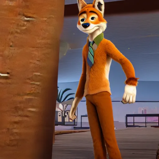 Image similar to half body shot, 3 d render, anthropomorphic coyote male, wearing along brown leather maxi coat, in the style of zootopia, highly detailed attributes and atmosphere, dim volumetric cinematic lighting