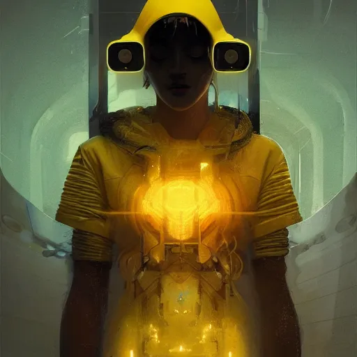 Image similar to a sage meditates under a waterfall pieces with glowing yelow visor as a realistic scifi cyberpunk, torso, art by james jean and greg rutkowski!!, realistic face, digital art,, golden ratio, perfect composition, trending on artstation, 8 k