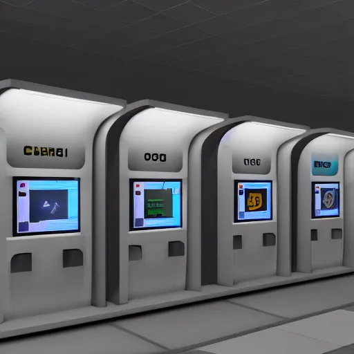 Image similar to indoor charging kiosk, brutalist, futuristic, in-game screenshot, 4k, 3d render, artstation, cgsociety