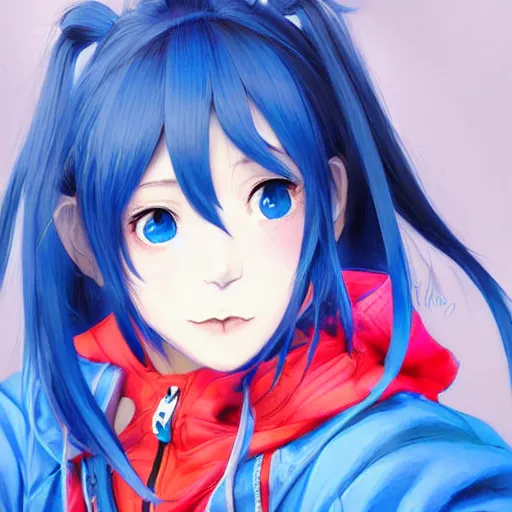 Image similar to ene from mekakucity actors, wearing blue jacket, blue pigtails, cool color palette, digital art by aramaki shinji, by artgerm, by cushart krenz, by wlop, colorful, insanely detailed and intricate, hypermaximalist, elegant, ornate, dynamic pose, hyper realistic, super detailed