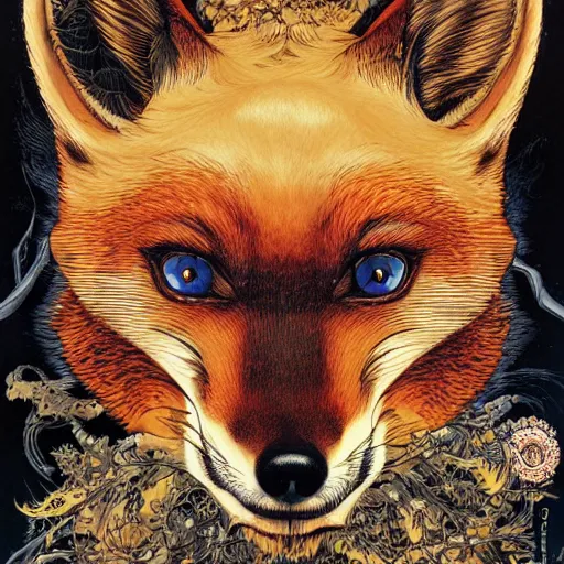Image similar to portrait of crazy mister fox, symmetrical, by yoichi hatakenaka, masamune shirow, josan gonzales and dan mumford, ayami kojima, takato yamamoto, barclay shaw, karol bak, yukito kishiro