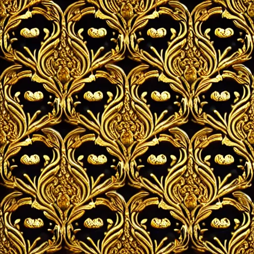 Image similar to seamless 3D baroque gold pattern, Beautiful dynamic shadows , gold and pearls, symmetrical, rococo elements, damask, Artstation, versace pattern, concept design art, Octane render,8K
