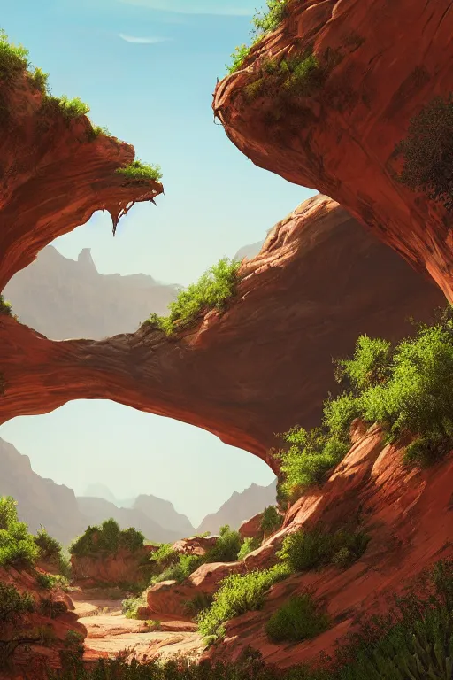 Image similar to beautiful utah desert, rock arcs, lush vegetation, landscape, alex ross, eddie mendoza, raphael lacoste, sebastian ludke, concept art, matte painting, highly detailed, rule of thirds, dynamic lighting, cinematic, detailed, magnificiant landscape, denoised, centerd