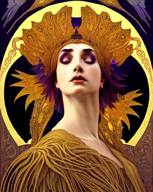 Prompt: goddess of the ravens, unusual beauty, emotionally evoking symbolic metaphors, head in focus, fantasy, ornamental, intricate, elegant, sensual, highly detailed digital painting, artstation, concept art, painterly, golden ratio, sharp focus, illustration, art by Rafael and Alphonse Mucha and Albert Aublet