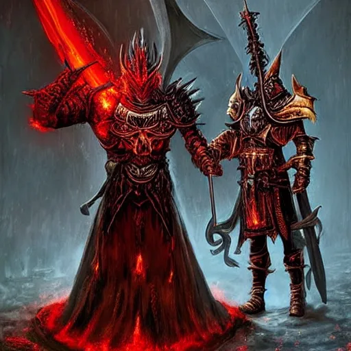 Image similar to double portrait the great death knight dark souls in golden red armor made of polished dragon bones looks relaxed, quantum physics, victorian era