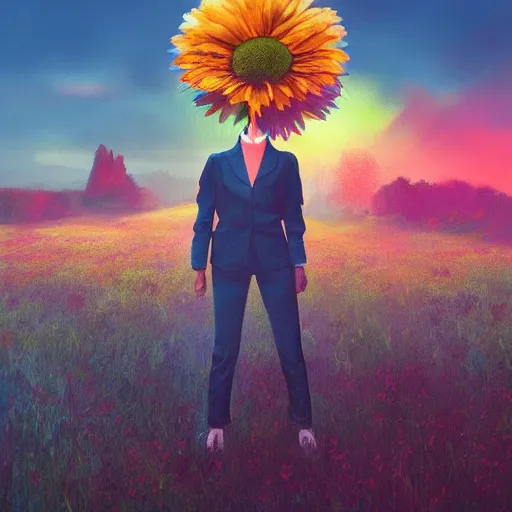 Image similar to giant daisy flower under head, standing frontal, a girl in a suit, surreal photography, sunrise, dramatic light, impressionist painting, digital painting, artstation, simon stalenhag