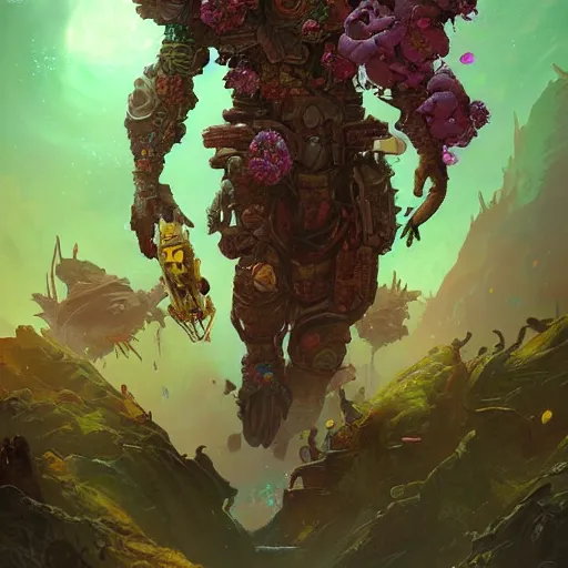 Image similar to corrupted sentinel picking up flower on infested planet colorful, fantasy, intricate, highly detailed, digital painting, hq, trending on artstation, illustration, style of stanley artgerm and greg rutkowski and dan mumford