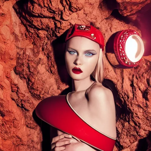 Image similar to female fashion model in year 3000 in a cave, model wearing a surreal Avant-garde helmet in red, dramatic lighting,photography , official Versace editorial , highly detailed