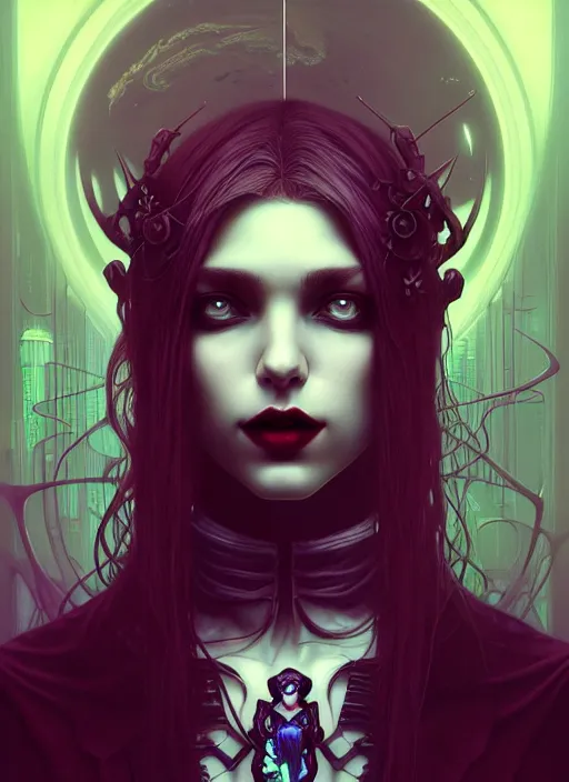 Image similar to perfect vampire girl portrait, intricate artwork by josan gonzalez, artgerm, tom bagshaw, kilian eng, alphonse mucha, zdizslaw beksinski, very coherent artwork, psychedelic, syntwave, noir gothic cyberpunk, octane render, unreal engine, 8 k, high contrast