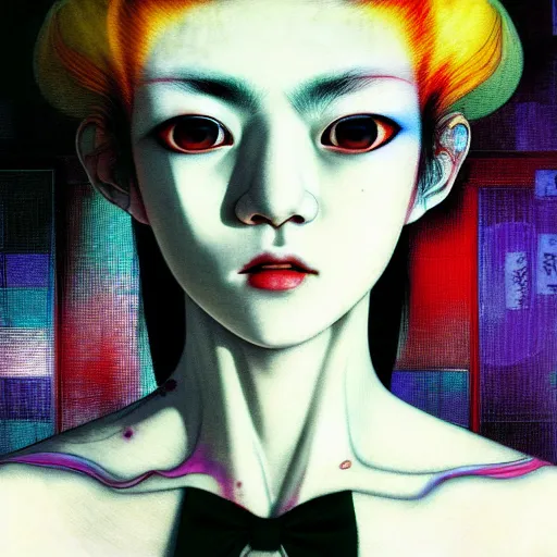 Prompt: yoshitaka amano blurred and dreamy three quarter angle portrait of a young woman with white hair and black eyes wearing dress suit with tie, playstation 2 horror game, junji ito abstract patterns in the background, satoshi kon anime, chungking express color palette, noisy film grain effect, highly detailed, renaissance oil painting, weird portrait angle