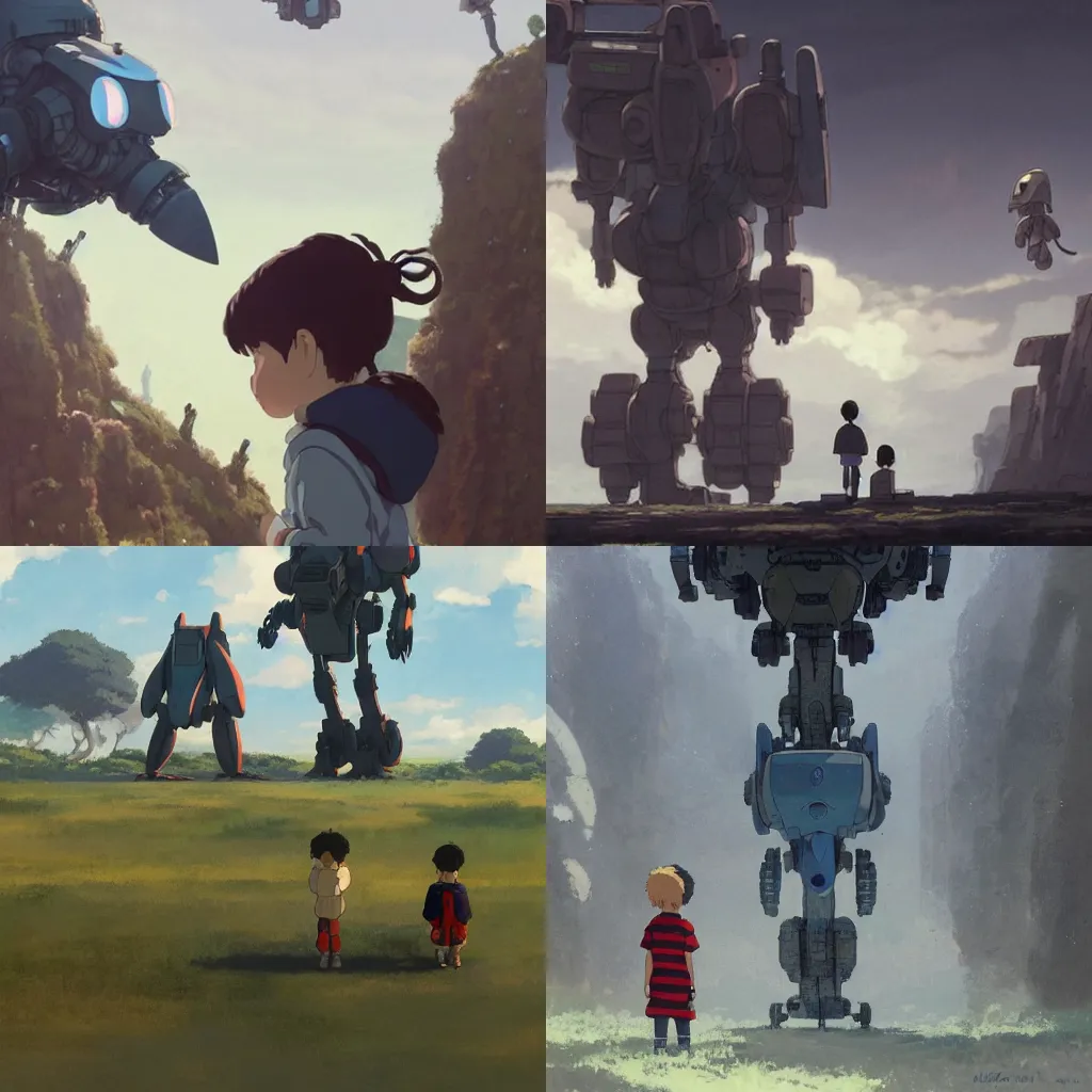 Prompt: a small kid staring up at a tall mech robot by Miyazaki, studio Ghibli, Greg Rutkowski, side by side