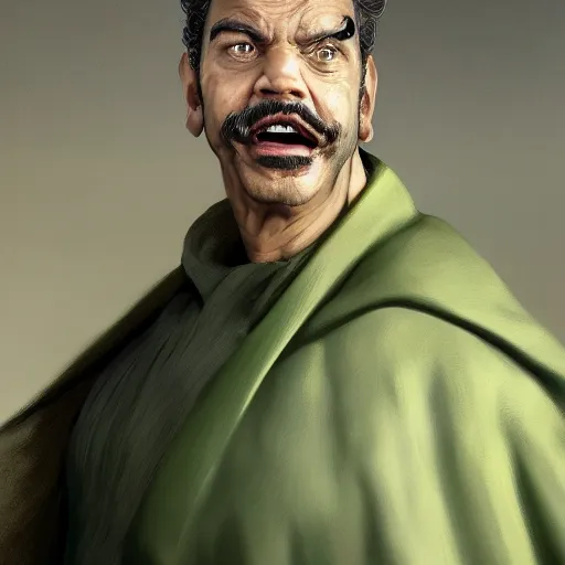 Prompt: hyper realistic, realistic - anime, portrait, beautifully rendered, italian garb the future, dune, caricature, luis guzman as luigi wearing green, smirking deviously, luigi, luigi's nose, painted by gustave courbet, greg rutkowski, wlop, artgerm, dishonored 2,