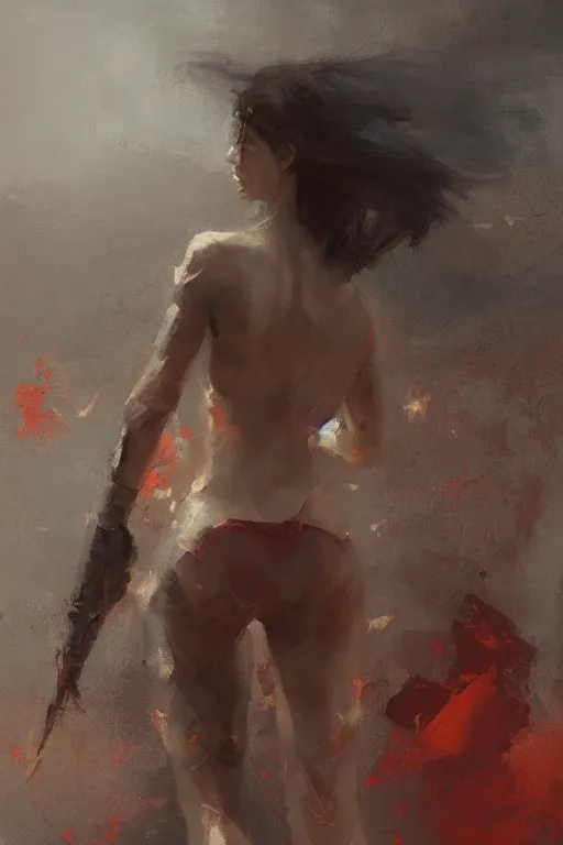 Prompt: an epic painting of a 1 9 years old girl figure, dramatic earth colors, with few fire red highlights, by jeremy mann and greg rutkowski, trending on artstation, oil on canvas