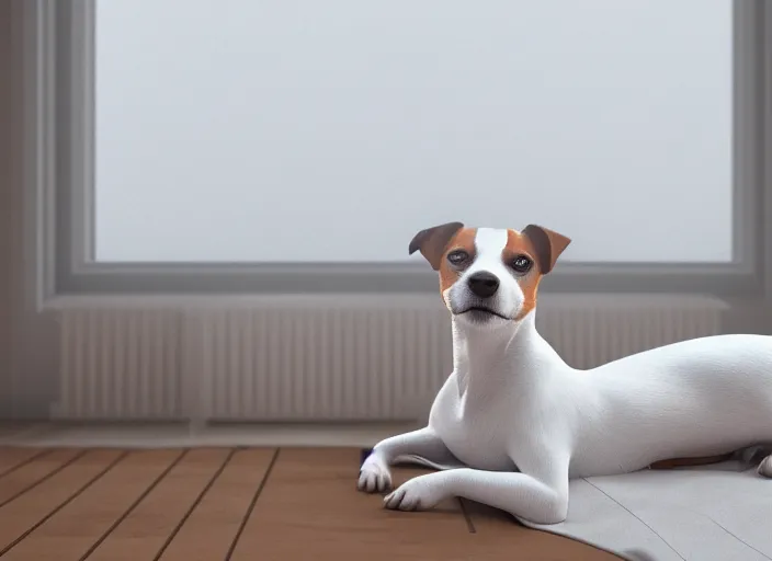 Image similar to photography of a Jack Russel . watching outside the window. on a bed .in a 3d rendered white room. octane render, 3d, foggy, volumetric light, volumetric fog, photorealistic, unreal engine 5, award winning photo, 100mm, sharp, cloth, high res