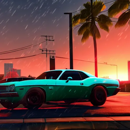 Image similar to still next - gen ps 5 game grand theft auto v 2 0 2 4 remaster, graphics mods, rain, red sunset, people, rtx reflections, gta v, miami, palms and miami buildings, screenshot, unreal engine, 4 k, 5 0 mm bokeh, close - up dodge challenger, gta vice city remastered, artstation