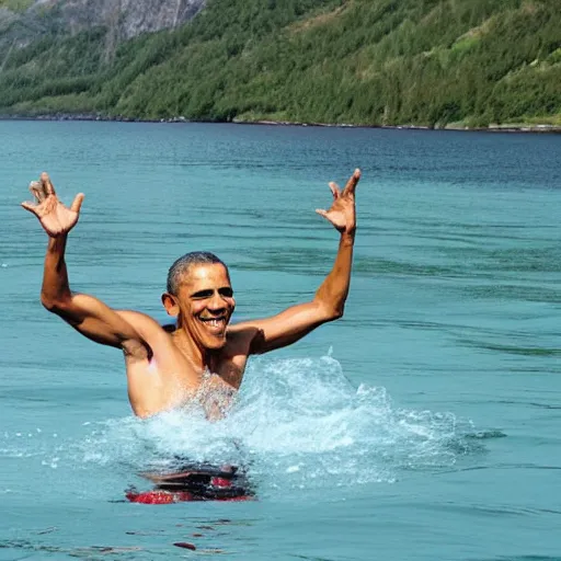 Prompt: obama swimming in a fjord in norway