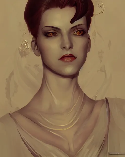 Image similar to portrait of lady dimitrescu from resident evil village, art deco style, beautiful, elegant, mesmerizing, concept art, highly detailed, smooth, fantastical, artstation, deviantart, trending, by tamara de lempick, sana takeda