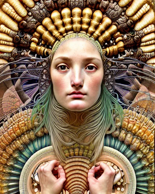 Image similar to hyperrealistic detailed face portrait of the beautiful goddess of the giant isopods with an intricate golden ornamental geometrical fractal giant isopod masked headdress, art by ernst haeckel, john william godward, android jones, alphonso mucha, h. r. giger, gothic - cyberpunk, ornamental, dimmed pastel colours,