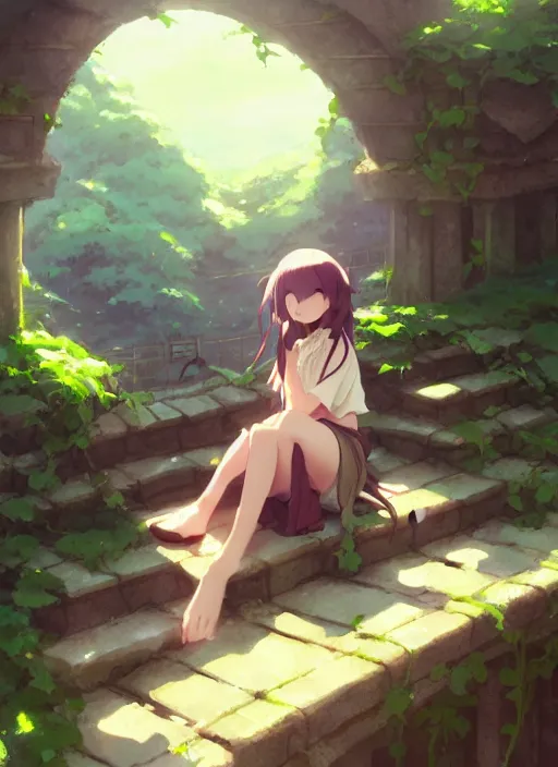 Image similar to girl sitting on a stone stair under a vine rack, illustration concept art anime key visual trending pixiv fanbox by wlop and greg rutkowski and makoto shinkai and studio ghibli