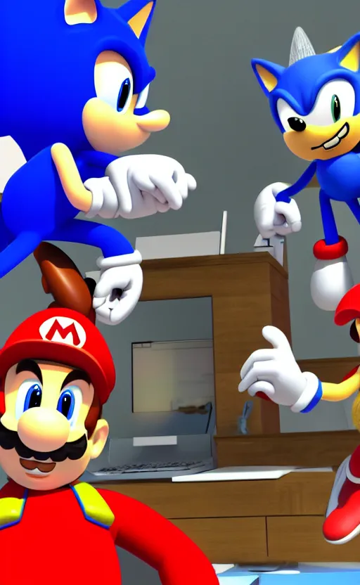 Prompt: a 3 d render of mario and sonic playing computer games together in a student apartment