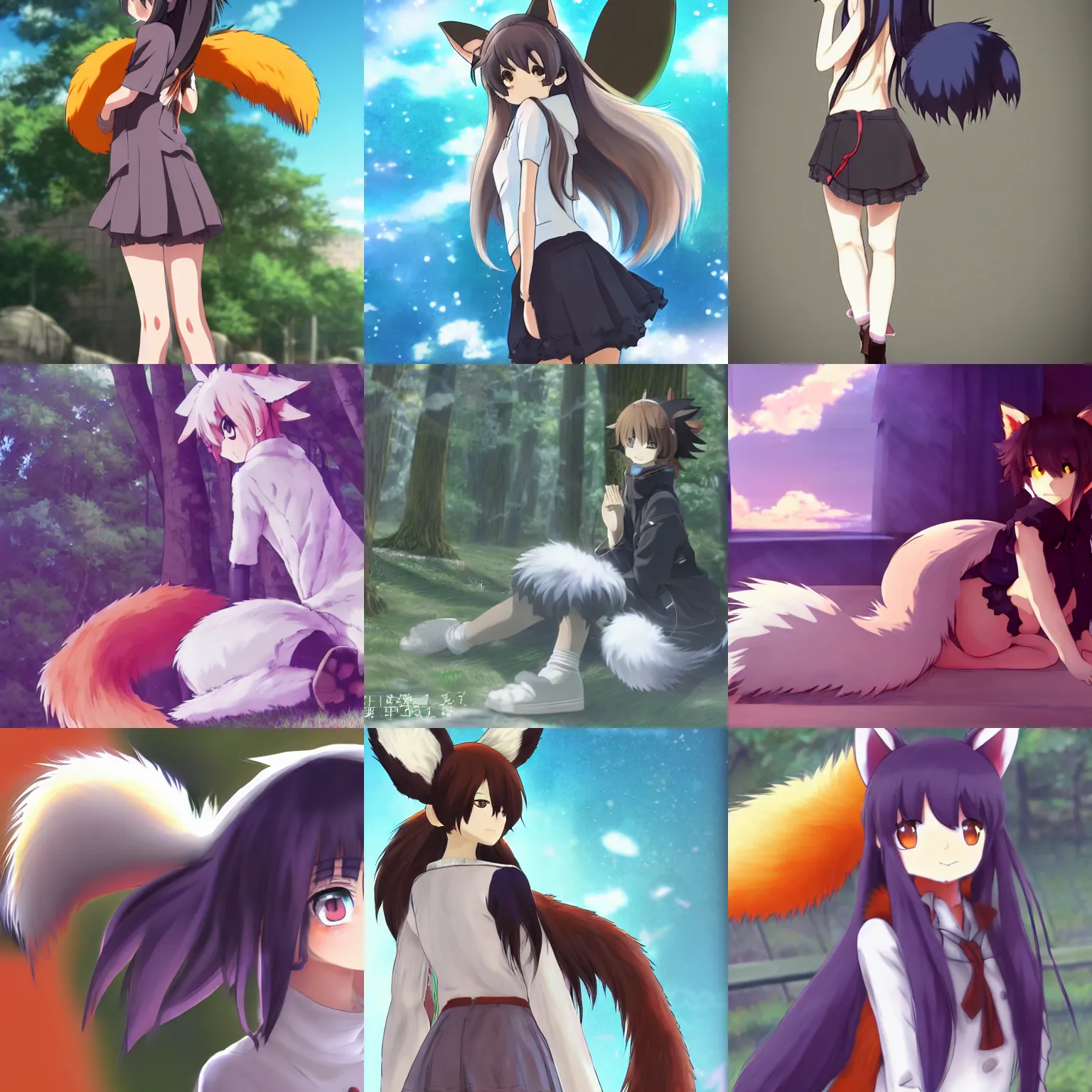 Prompt: anime girl has a big fluffy fox tail and fox ears, anime, makoto shinkai, shrine, highly detailed