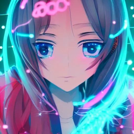 Image similar to professional digital portrait of an anime girl with neon light blue and neon pink pigtails, trending on artstation, super detailed, bokeh, anime wallpaper 8 k hd, anime screenshot