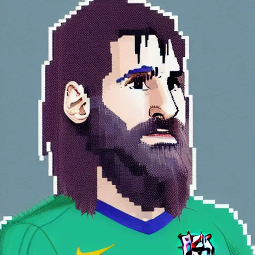 Prompt: Close-up portrait of Lionel Messi, long silver hair with a long beard, big nose, wearing a barca cape, katsuhiro tomo, pixel art