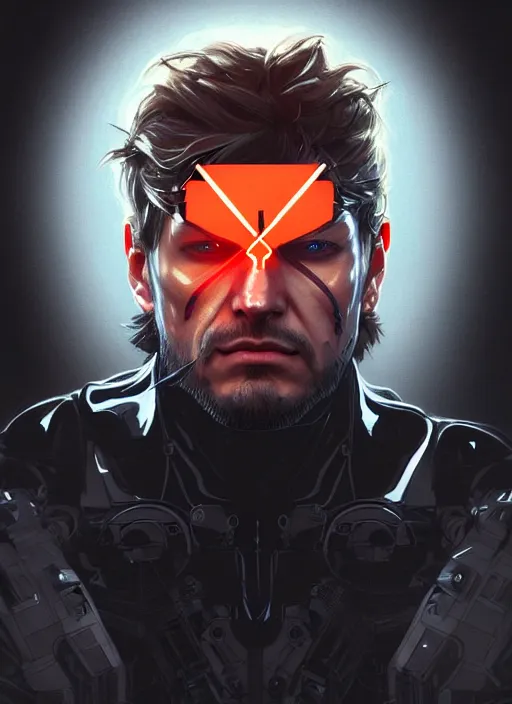 Image similar to symmetry!! portrait of solid snake, metal gear solid, tech wear, glowing lights!! intricate, elegant, highly detailed, digital painting, artstation, concept art, smooth, sharp focus, illustration, art by artgerm and greg rutkowski and alphonse mucha