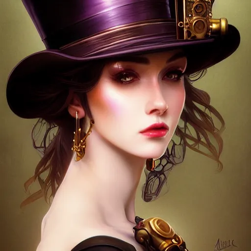 Prompt: close portrait of a sexy steampunk woman with a top hat, vaporwave, highly detailed, digital painting, artstation, concept art, smooth, sharp focus, illustration, art by artgerm and greg rutkowski and alphonse mucha